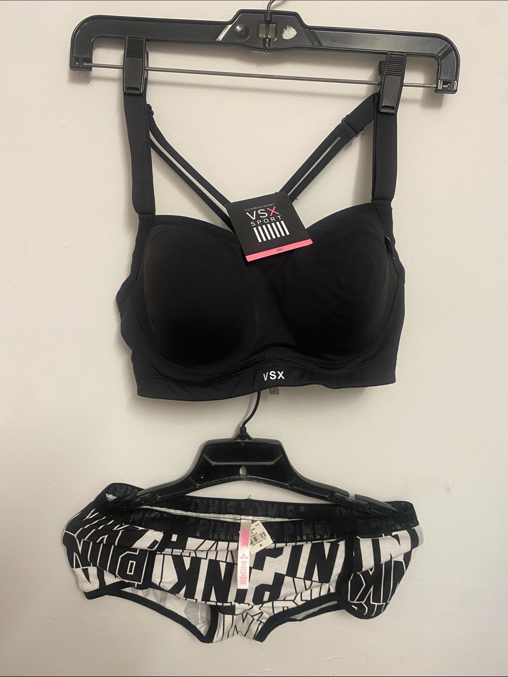 Victoria's Secret Black Sports Bra with Black & White Logo Briefs